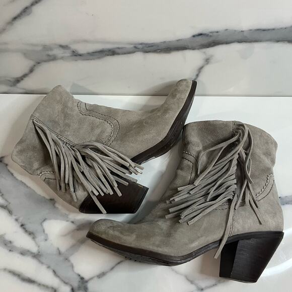 Sam Edelman | Women's Taupe Gray Leather Fringe Western Louie Ankle Boots Sz 6 - Picture 7 of 8